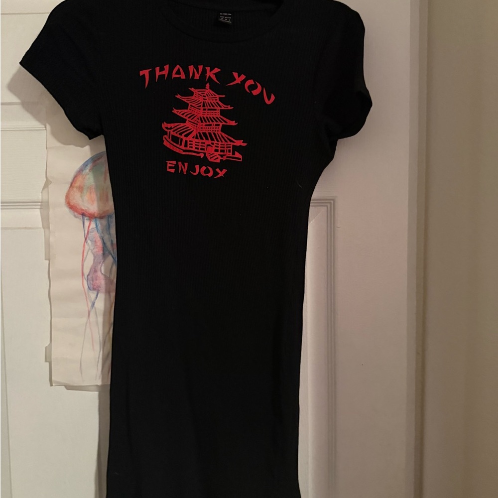 SHEIN Black Ribbed Top with Red Graphic